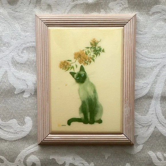 Siamese Cat Print on Ceramic Tile in Wood Frame - Picture 1 of 3